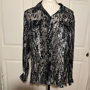 Chico’s Size 1 Medium Black And Silver Burnout Sheer Blouse Button Up Silk blend